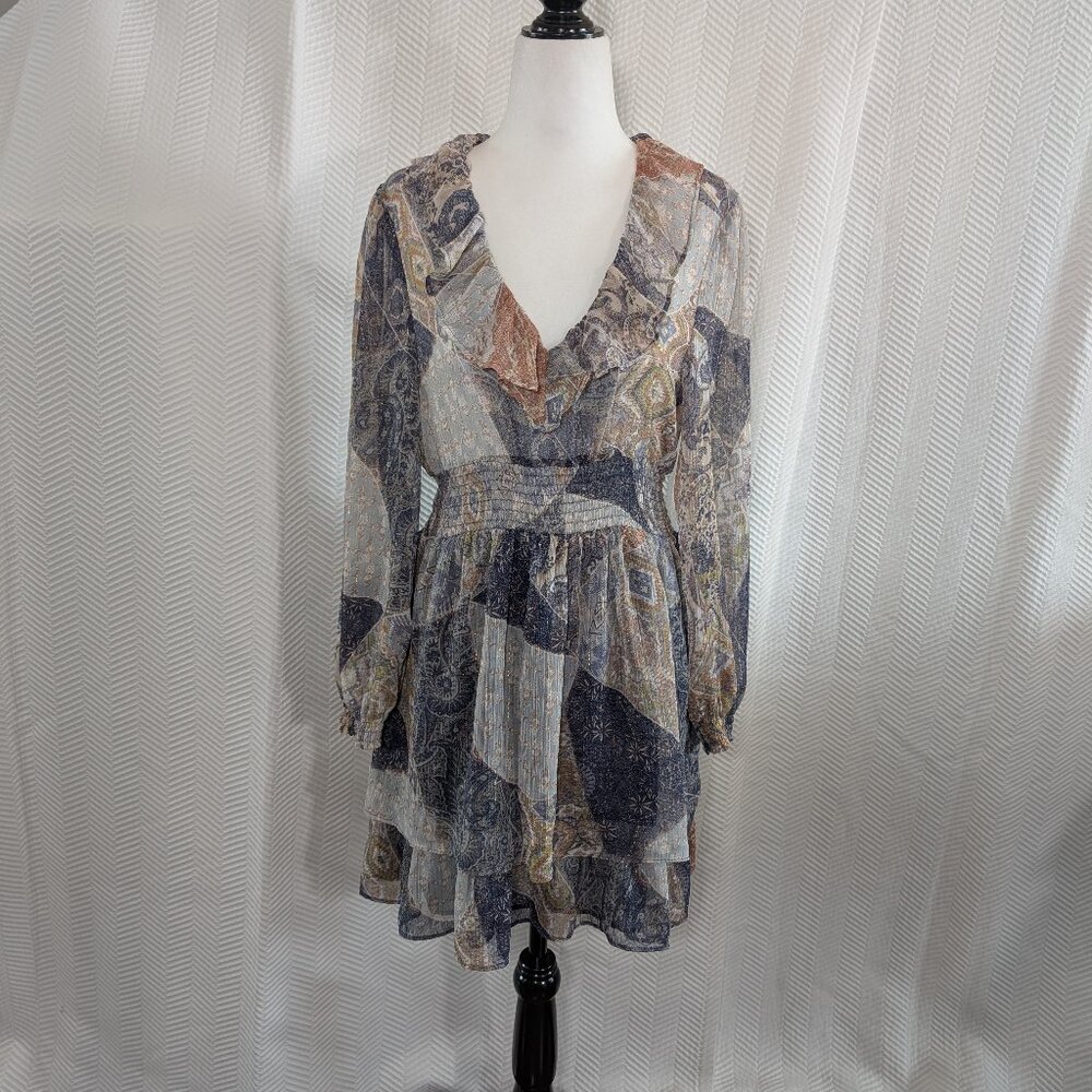 Zara Sheer Ruffled Dress Patchwork Print Size Medium Fairycore Boho Whimsical